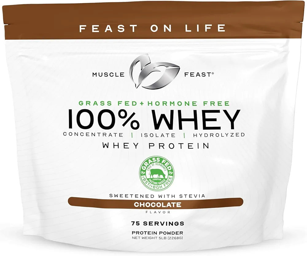 Muscle Feast 100% Grass Fed Whey Protein Powder, All Natural Hormone Free Paure Raised Whey Protein Powder for Women & Men- Whey Concentrate, Isolate & Hydrolyzed Protein Powder Blend - Chocolate, 5lb