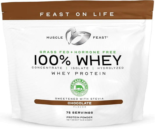 Muscle Feast 100% Grass Fed Whey Protein Powder, All Natural Hormone Free Paure Raised Whey Protein Powder for Women & Men- Whey Concentrate, Isolate & Hydrolyzed Protein Powder Blend - Chocolate, 5lb