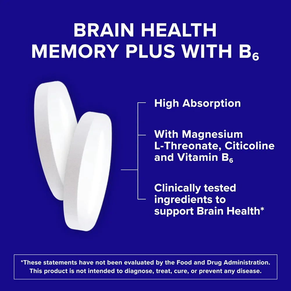 Qunol Brain Health Memory Plus with B6, Magnesium L-Threonate & Citicoline, Clinically Tested Ingredients to Improve Memory, Focus, Attention and Productivity, 60 Count 