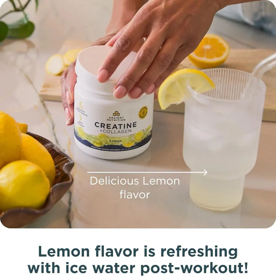 Ancient Nutrition Creatine + Collagen + Electrolytes – Muscle Strength, Lean Body Mass, Joint Comfort & Cognitive Support – Includes 5g Creatine Monohydrate for Women, Lemon 
