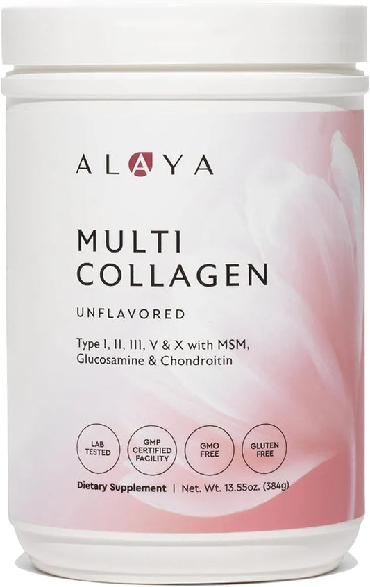 Alaya Multi Collagen Powder - Type I, II, III, V, X Hydrolyzed Collagen Peptides Protein Powder Supplement with MSM + GC  - NSF Certified - 