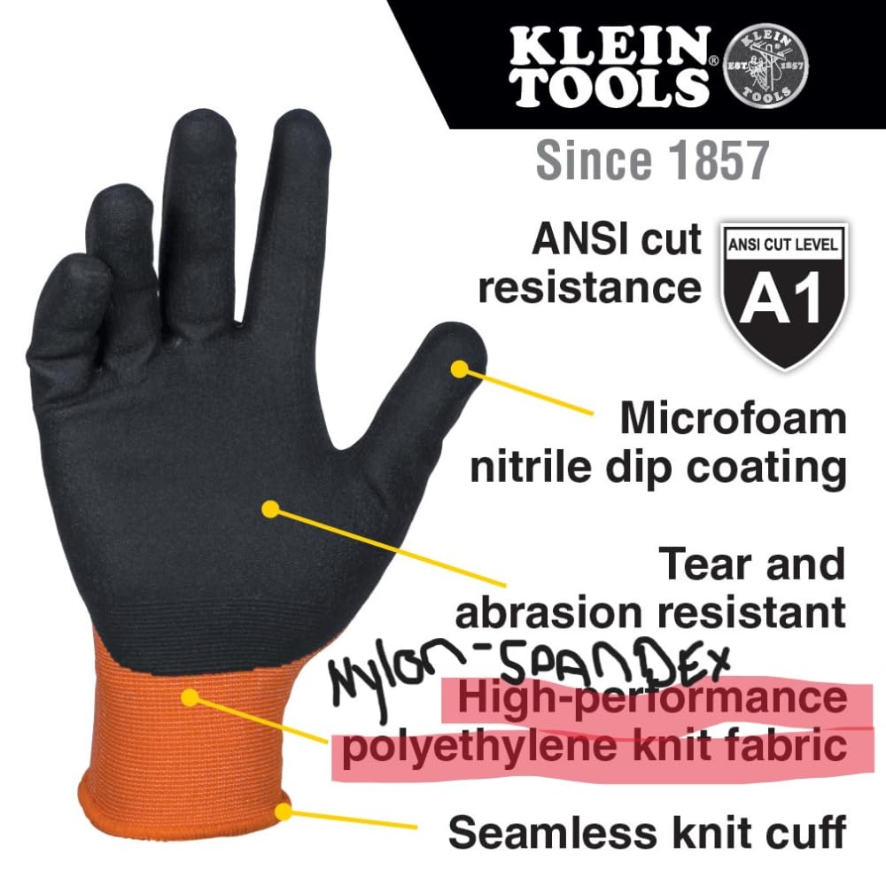 KLEIN TOOLS 60580 Work Gloves, Knit Dipped Cut Resistant ANSI A1 Nitrile Coated Gloves, Nylon-Spandex, Touchscreen Capable, Medium, 2-Pair
