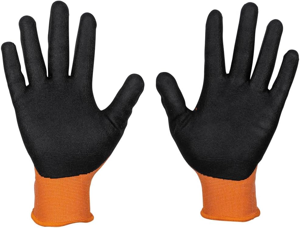 KLEIN TOOLS 60580 Work Gloves, Knit Dipped Cut Resistant ANSI A1 Nitrile Coated Gloves, Nylon-Spandex, Touchscreen Capable, Medium, 2-Pair
