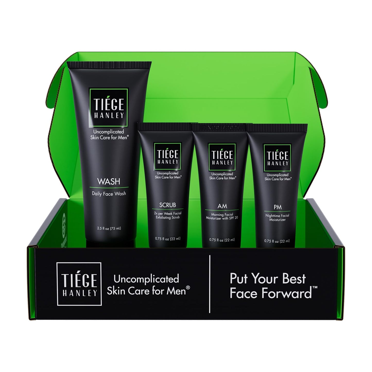 Tiege Hanley Essential Men's Skin Care Set, 30-Day, 4 Piece Kit | Level 1 Essential Routine, Daily Face Wash, Facial Scrub, AM SPF & PM Moisturizers
