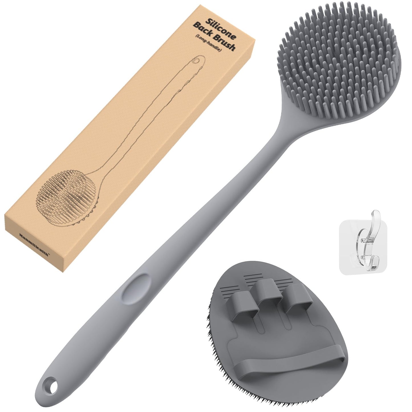 Manmihealth Silicone Back Scrubber(Thick Bristles) & Soft Bath Glove Set, Super-Exfoliating Body Scrubber & Super-Lathering Shower Brush Combination, with a Free Hook.(Black)