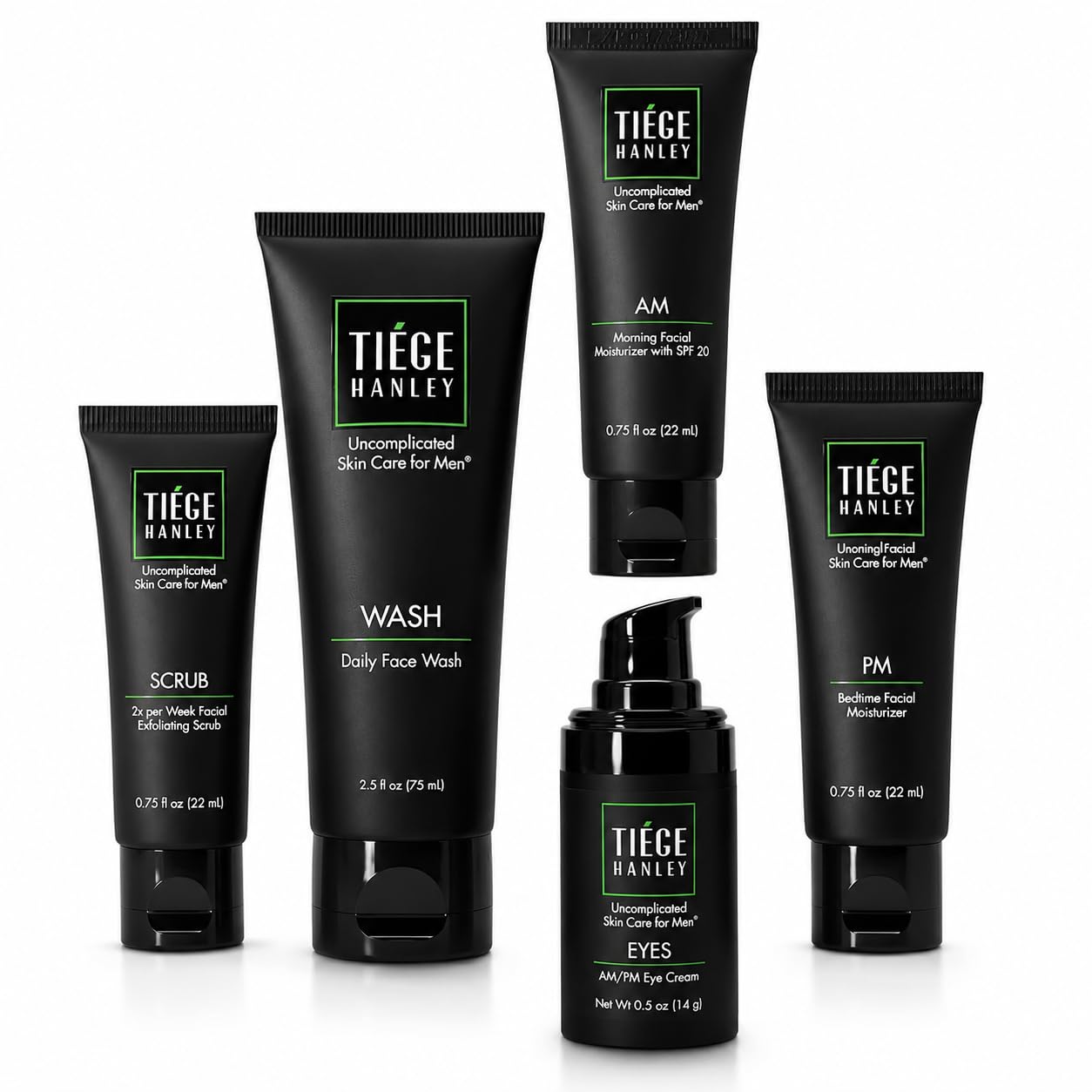 Tiege Hanley Essential Men's Skin Care Set, 30-Day, 4 Piece Kit | Level 1 Essential Routine, Daily Face Wash, Facial Scrub, AM SPF & PM Moisturizers