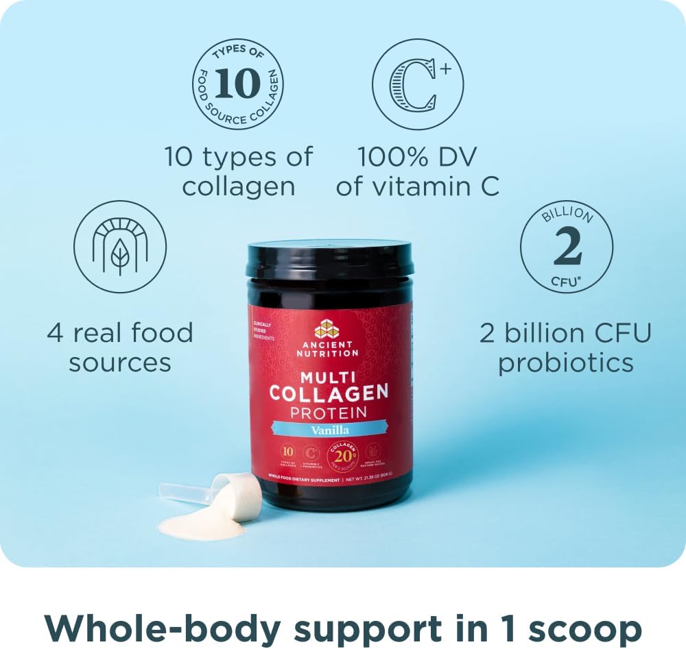 Ancient Nutrition Collagen Peptides Powder, Multi Collagen Protein, Women & Men, Vitamin C, Probiotics, Hydrolyzed Collagen, Supports Skin, Joints, Gut Health, Unflavored (40 Servings)