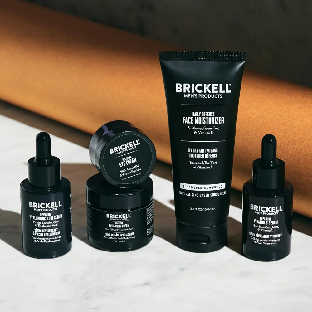 Brickell Men's Complete Defense Anti Aging Routine, Night Face Cream, Day & Night Serum, Facial Moisturizer w/SPF & Eye Cream, With Hyaluronic Acid, Peptides, and Vitamin C, Scented