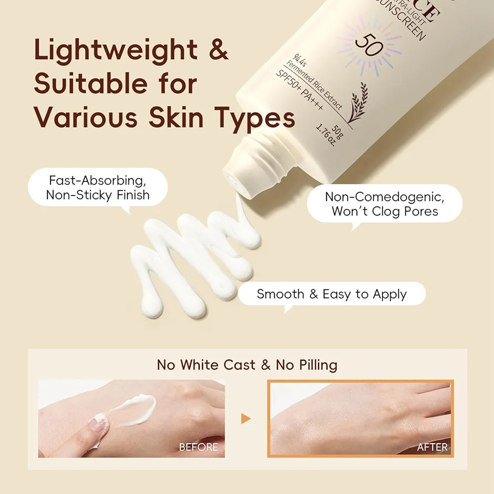 Rice Skincare Set for Women & Girls – Korean Skin Care Set with Rice Cleanser, Toner, Serum, Face Cream, Eye Cream, Sunscreen, Ice Roller, Headband & Card – Moisturizing & Skin Barrier Support 
