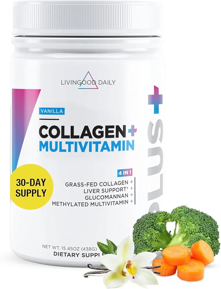 Livingood Daily Collagen Powder for Women and Men, Vanilla, Grass Fed Protein, Hydrolyzed Collagen Peptides with Vitamin C & Multi Vitamins for Hair, Skin, Nail & Gut Health, Gluten Free, 30 Servings