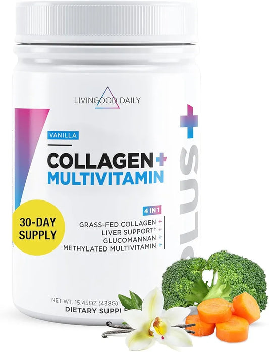 Livingood Daily Collagen Powder for Women and Men, Vanilla, Grass Fed Protein, Hydrolyzed Collagen Peptides with Vitamin C & Multi Vitamins for Hair, Skin, Nail & Gut Health, Gluten Free, 30 Servings