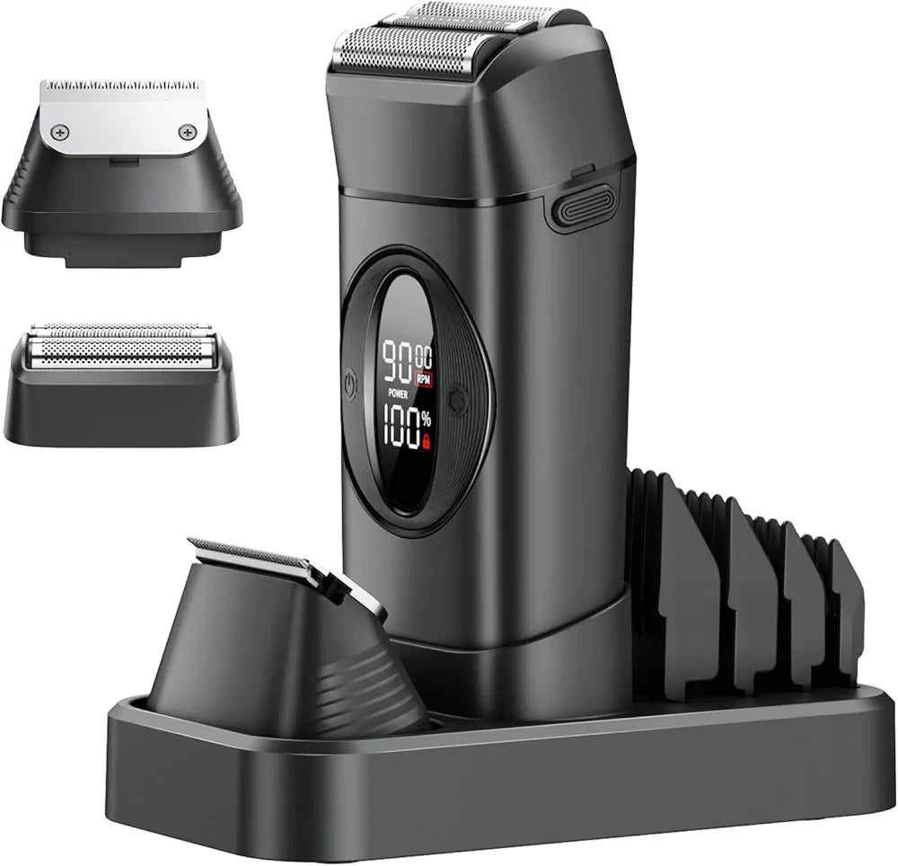 VTT 2-in-1 Electric Foil Shaver and Beard Trimmer - Waterproof Wet/Dry Grooming Kit with Titanium Blades and LED Display
