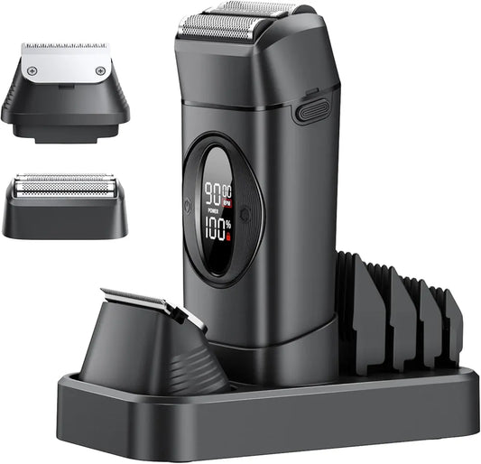 VTT 2-in-1 Electric Foil Shaver and Beard Trimmer - Waterproof Wet/Dry Grooming Kit with Titanium Blades and LED Display