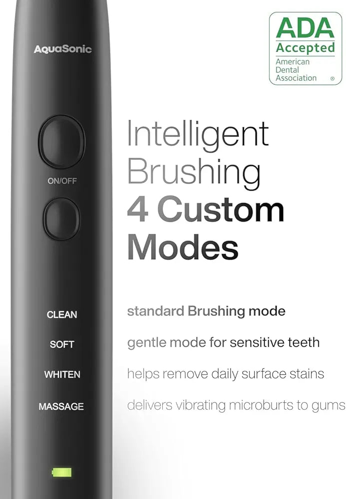 Aquasonic Black Series Ultra Whitening Toothbrush – ADA Accepted Electric Toothbrush- 8 Brush Heads & Travel Case – 40,000 VPM Electric Motor & Wireless Charging - 4 Modes w Smart Timer