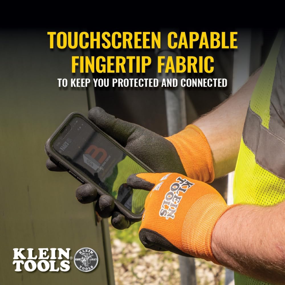 KLEIN TOOLS 60580 Work Gloves, Knit Dipped Cut Resistant ANSI A1 Nitrile Coated Gloves, Nylon-Spandex, Touchscreen Capable, Medium, 2-Pair