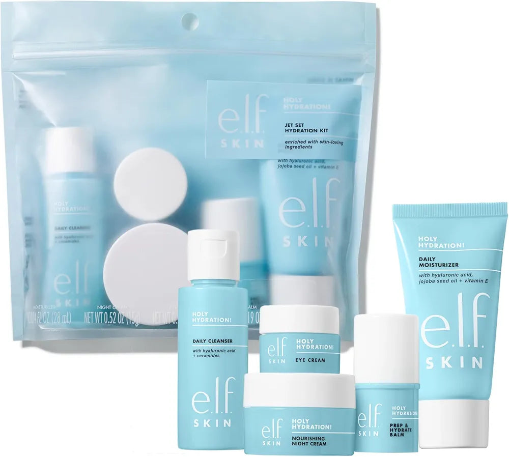 e.l.f. SKIN Holy Hydration! Jet Set Travel-Friendly Skincare Kit: Cleanser, Balm, Moisturizer, Eye Cream, and Night Cream