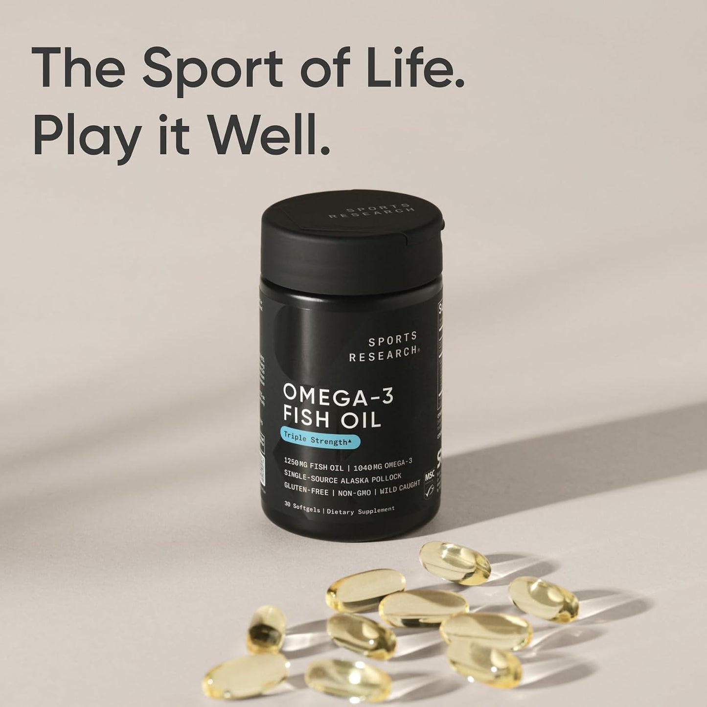 Sports Research® Omega-3 Fish Oil 1250mg from Wild Alaska Pollock, 30 Count | Always Fresh Never Fishy | 690mg EPA 260mg DHA per Softgel · Heart & Brain Health* · MSC Certified Sustainable - 30 Servings