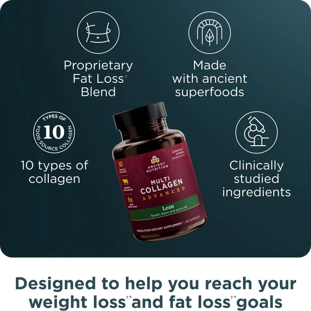 Ancient Nutrition Multi Collagen Advanced Lean with Probiotics, Hydrolyzed Collagen Peptides Supports Healthy Weight Loss and Fat Loss, 90 Count