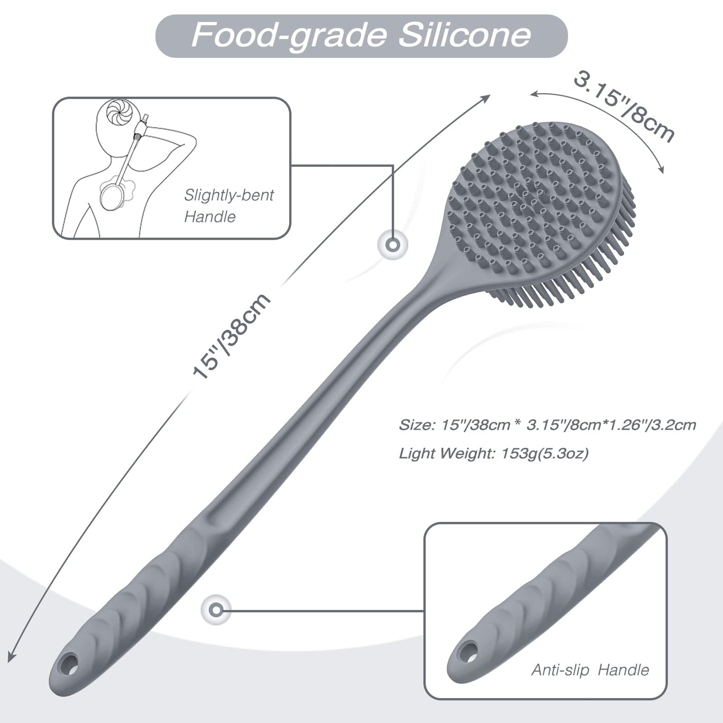 Manmihealth Silicone Back Scrubber(Thick Bristles) & Soft Bath Glove Set, Super-Exfoliating Body Scrubber & Super-Lathering Shower Brush Combination, with a Free Hook.(Black)