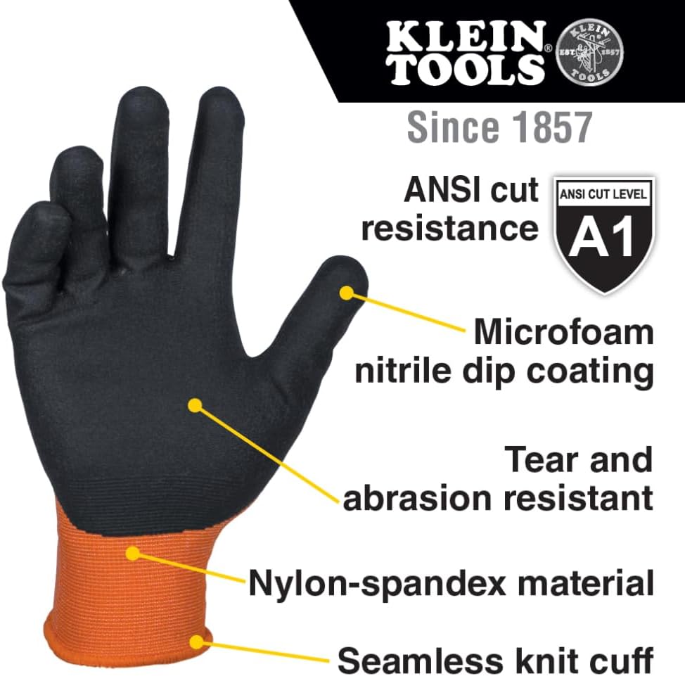 KLEIN TOOLS 60580 Work Gloves, Knit Dipped Cut Resistant ANSI A1 Nitrile Coated Gloves, Nylon-Spandex, Touchscreen Capable, Medium, 2-Pair