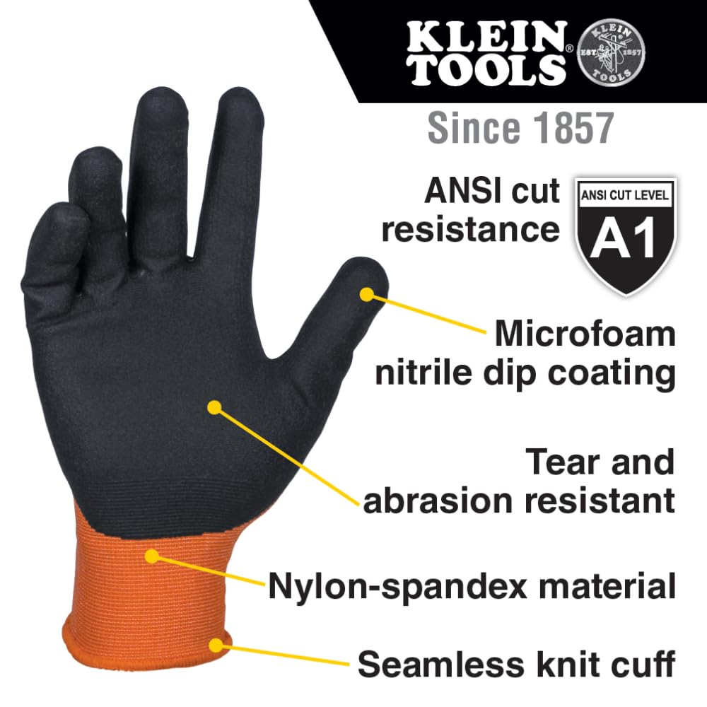 KLEIN TOOLS 60580 Work Gloves, Knit Dipped Cut Resistant ANSI A1 Nitrile Coated Gloves, Nylon-Spandex, Touchscreen Capable, Medium, 2-Pair