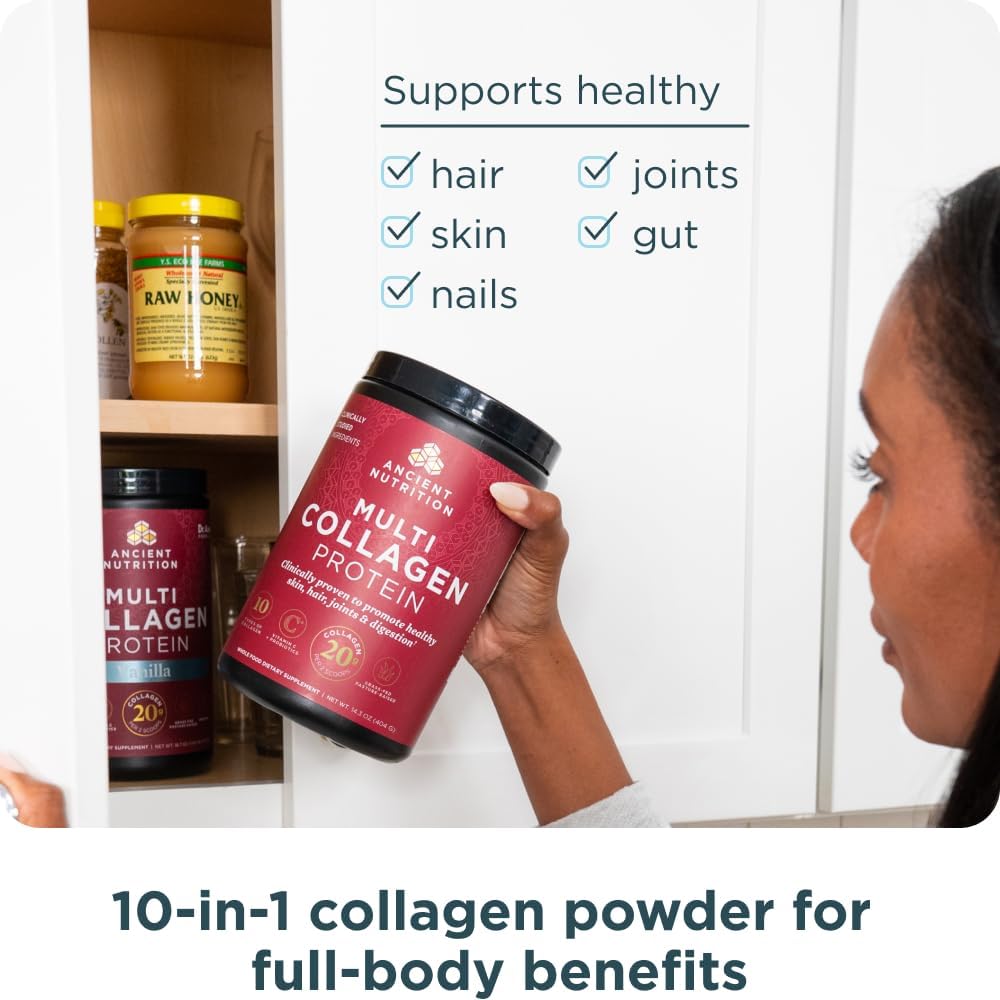 Ancient Nutrition Collagen Peptides Powder, Multi Collagen Protein, Women & Men, Vitamin C, Probiotics, Hydrolyzed Collagen, Supports Skin, Joints, Gut Health, Unflavored (40 Servings)