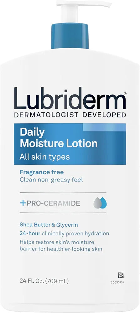 Lubriderm Daily Moisture Fragrance-Free Body Lotion with Pro-Ceramide, Shea Butter, and Glycerin for Dry Skin, 24 Fl Oz