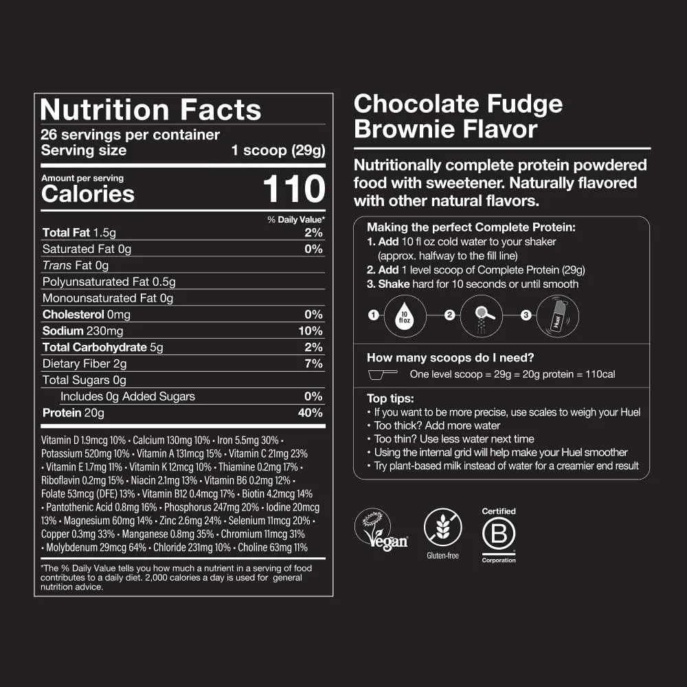 Huel Vegan Protein Powder | Chocolate Fudge Brownie | Complete Nutrition | 20g Protein Powder | 100% Plant-Based | 27 Vitamins & Minerals, Gluten Free, Non-GMO, Lactose Free | 26 Servings