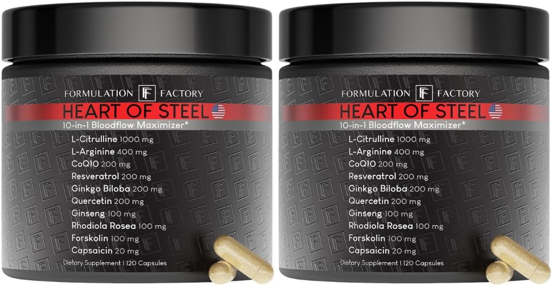 Formulation Factory Heart of Steel Nitric Oxide Supplements for Men & Women, Nitric Oxide Booster for Blood Flow & Circulation with L-Citrulline 1000mg, L-Arginine, CoQ10 & Resveratrol - 120 Capsules