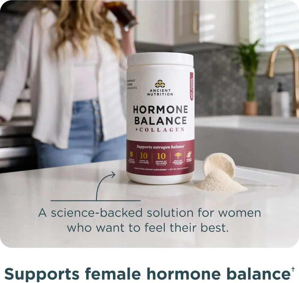 Ancient Nutrition Hormone Balance + Collagen Powder Supplement, Hydrolyzed Collagen Peptides, Key Clinically Validated Ingredient to Support Balanced Hormones and Boost Energy, Vanilla, 25 Servings