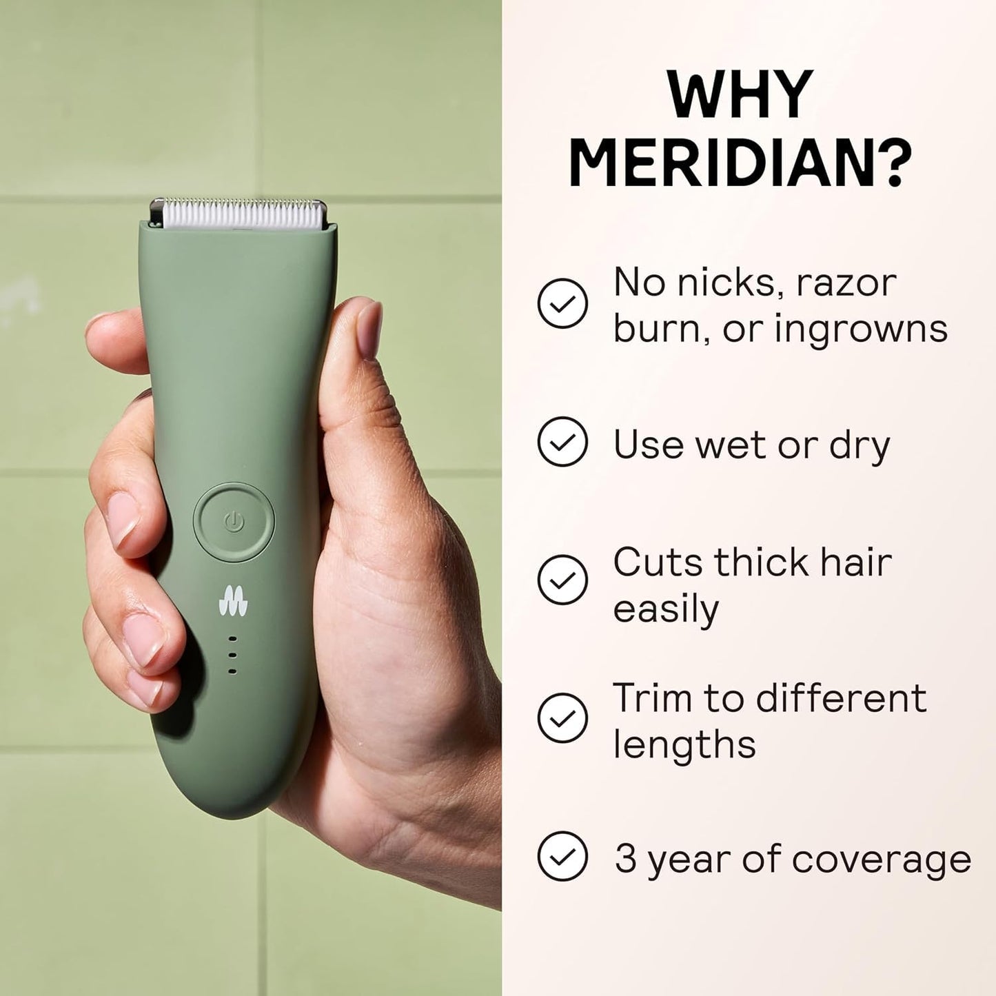 MERIDIAN The Trimmer Original | Body Hair Trimmer for Men & Women | Sage | Rechargeable and Waterproof Shaver for Pubic Area, Chest, Back, Underarms and Bikini Line, with 2 Guide Combs Included