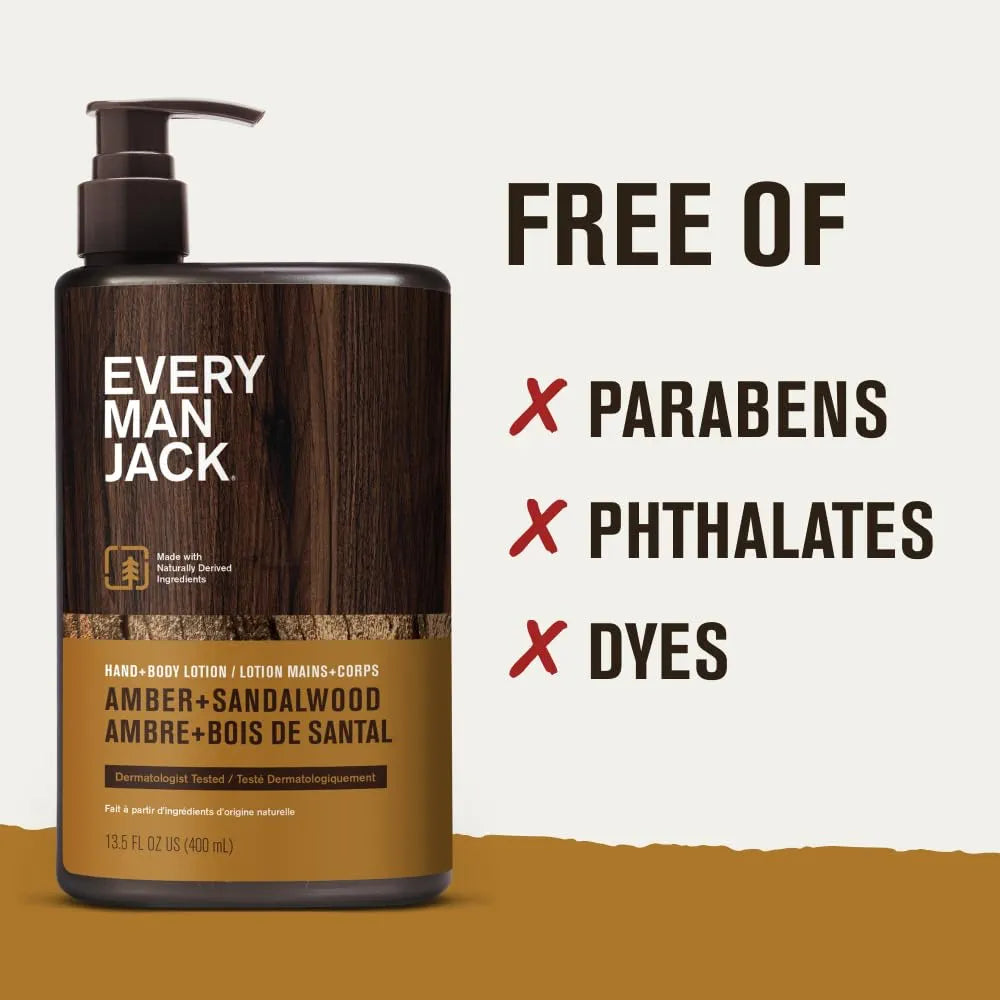 Every Man Jack Amber + Sandalwood Hand & Body Lotion, 13.5oz - Hypoallergenic & Fast-Absorbing