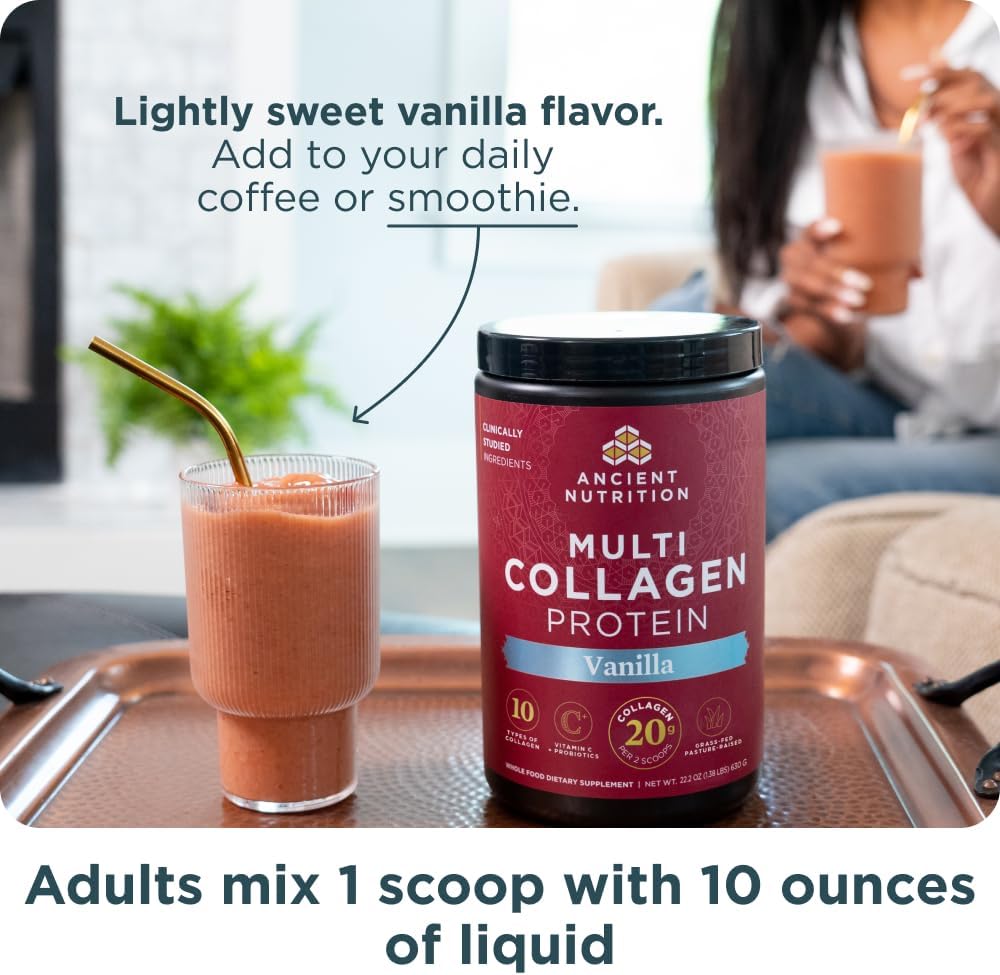 Ancient Nutrition Collagen Peptides Powder, Multi Collagen Protein, Women & Men, Vitamin C, Probiotics, Hydrolyzed Collagen, Supports Skin, Joints, Gut Health, Unflavored (40 Servings)