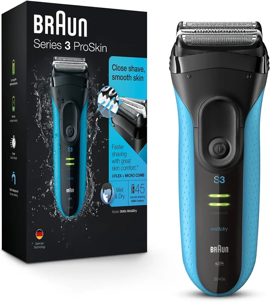 Braun Series 3 Electric Foil Shaver for Men with Precision Trimmer, Rechargeable Wet & Dry Use, Blue/Black, 4-Piece Set