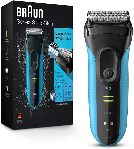 Braun Series 3 Electric Foil Shaver for Men with Precision Trimmer, Rechargeable Wet & Dry Use, Blue/Black, 4-Piece Set