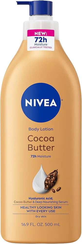 NIVEA Cocoa Butter Body Lotion for Dry Skin with Hyaluronic Acid and Deep Nourishing Serum, 72-Hour Moisturizing Formula, 16.9 Fl Oz Pump Bottle