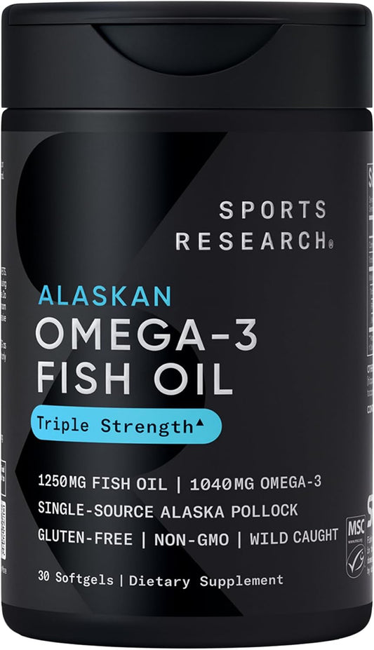 Sports Research® Omega-3 Fish Oil 1250mg from Wild Alaska Pollock, 30 Count | Always Fresh Never Fishy | 690mg EPA 260mg DHA per Softgel · Heart & Brain Health* · MSC Certified Sustainable - 30 Servings