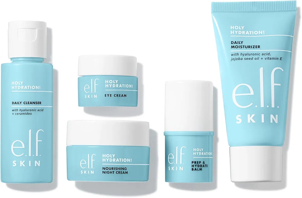 e.l.f. SKIN Holy Hydration! Jet Set Travel-Friendly Skincare Kit: Cleanser, Balm, Moisturizer, Eye Cream, and Night Cream