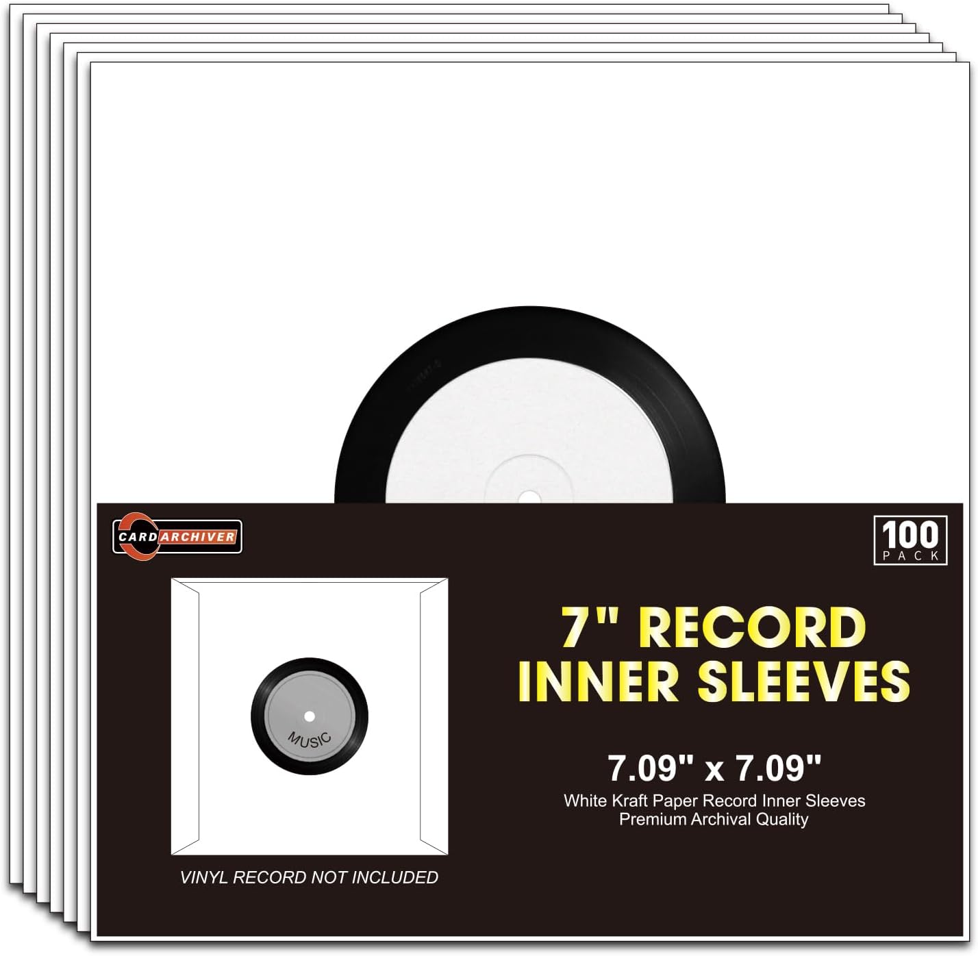 7-Inch Vinyl Record Inner Sleeves, White Paper for 45 RPM Albums, 100 Pack | Acid-Free Heavy Archival Kraft Paper, Center Hole, Smooth Snag-Free Seams, Dust & Scratch Shield for Long-Term Vinyl Storage