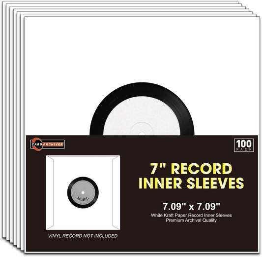 7-Inch Vinyl Record Inner Sleeves, White Paper for 45 RPM Albums, 100 Pack | Acid-Free Heavy Archival Kraft Paper, Center Hole, Smooth Snag-Free Seams, Dust & Scratch Shield for Long-Term Vinyl Storage