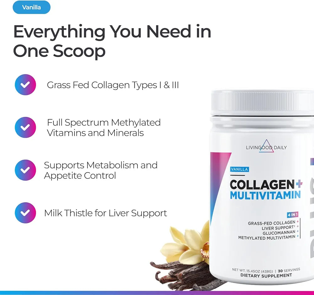 Livingood Daily Collagen Powder for Women and Men, Vanilla, Grass Fed Protein, Hydrolyzed Collagen Peptides with Vitamin C & Multi Vitamins for Hair, Skin, Nail & Gut Health, Gluten Free, 30 Servings