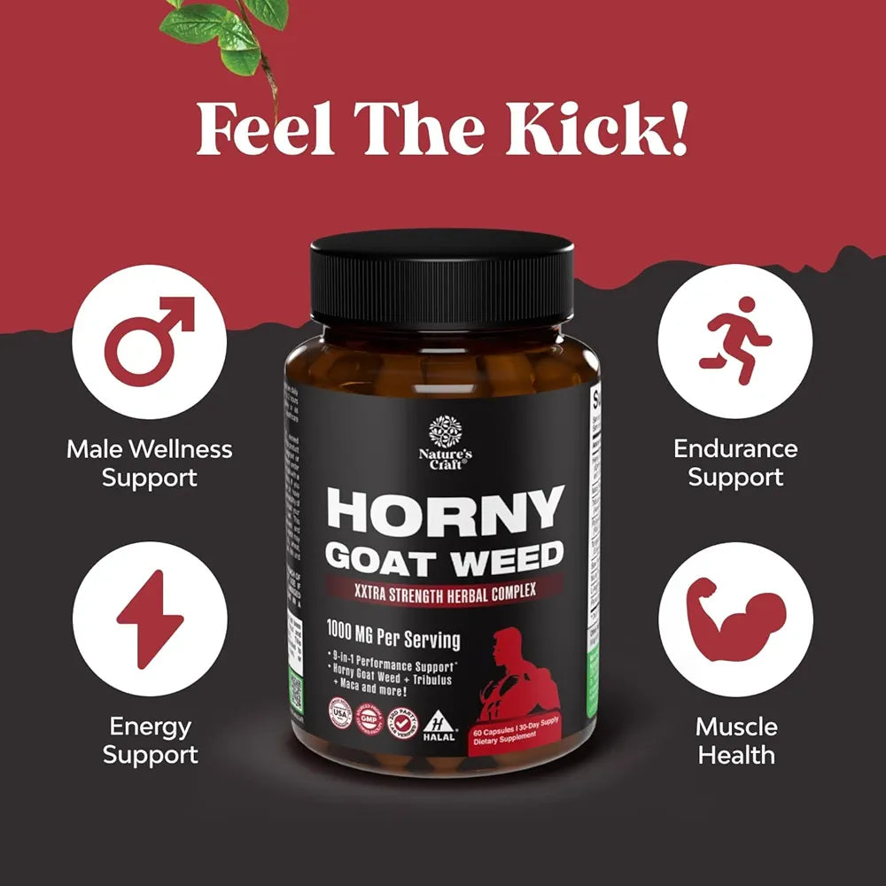 Horny Goat Weed for Men - Extra Strength Male Supplement with Black Maca Root, Tongkat Ali, Saw Palmetto & Panax Ginseng Extract for Stamina & Energy - 60 Count