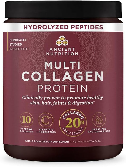 Ancient Nutrition Collagen Peptides Powder, Multi Collagen Protein, Women & Men, Vitamin C, Probiotics, Hydrolyzed Collagen, Supports Skin, Joints, Gut Health, Unflavored (40 Servings)