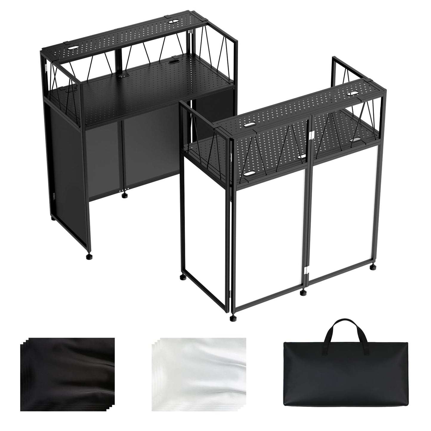Portable DJ Booth Facade Stand, DJ Table Stand, DJ Facade Booth with White & Black Scrims, Includes Carry Bag & Two Top Corners Table, Tool-Free Setup, for Parties, Events, Studios (40"L x 20"W)