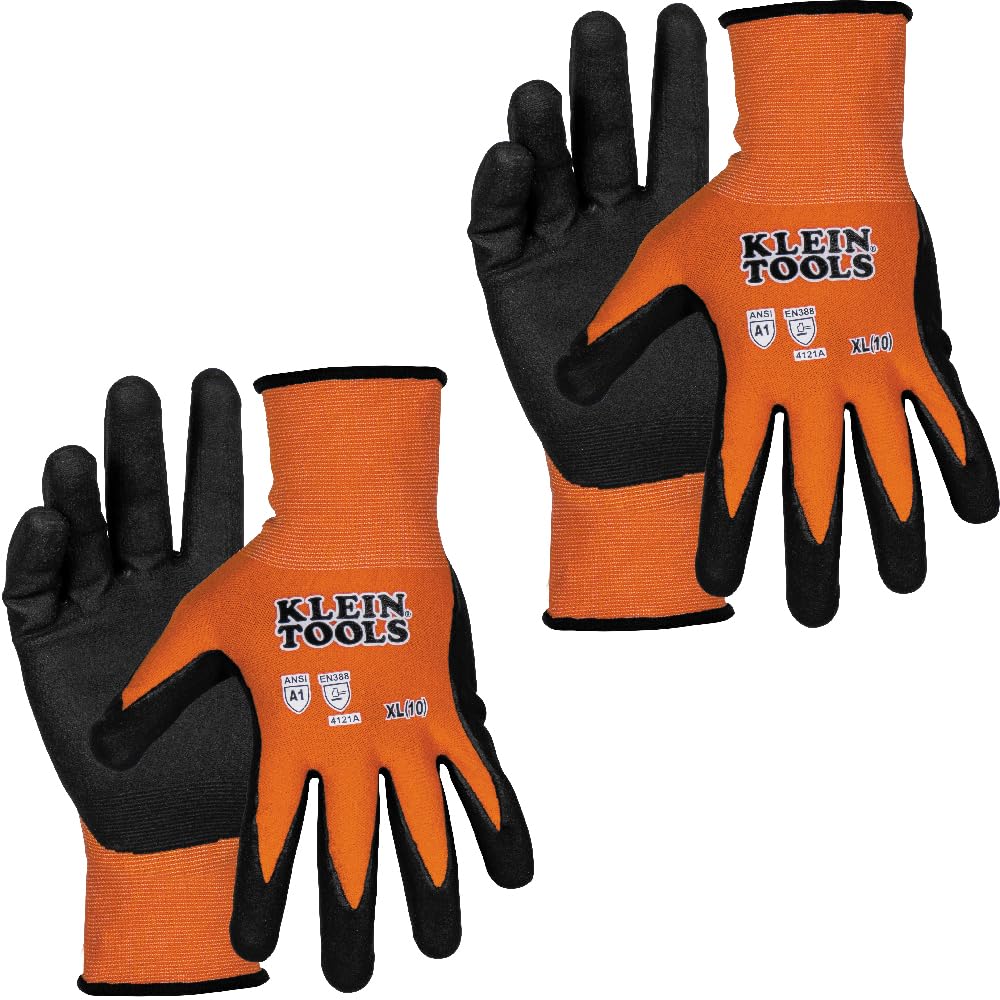 KLEIN TOOLS 60580 Work Gloves, Knit Dipped Cut Resistant ANSI A1 Nitrile Coated Gloves, Nylon-Spandex, Touchscreen Capable, Medium, 2-Pair