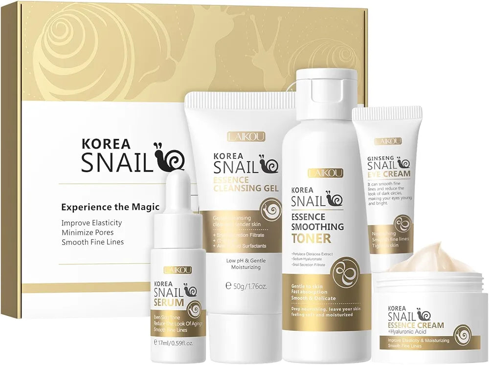 LAIKOU Korean Skin Care, Skin care set, Skin Care Kit Snail and Ginseng with Cleansing Gel, Toner, Eye Cream, Serum, Essence Cream 5pcs for Women Teen Girls Mom Daughter Mother's Day Birthday