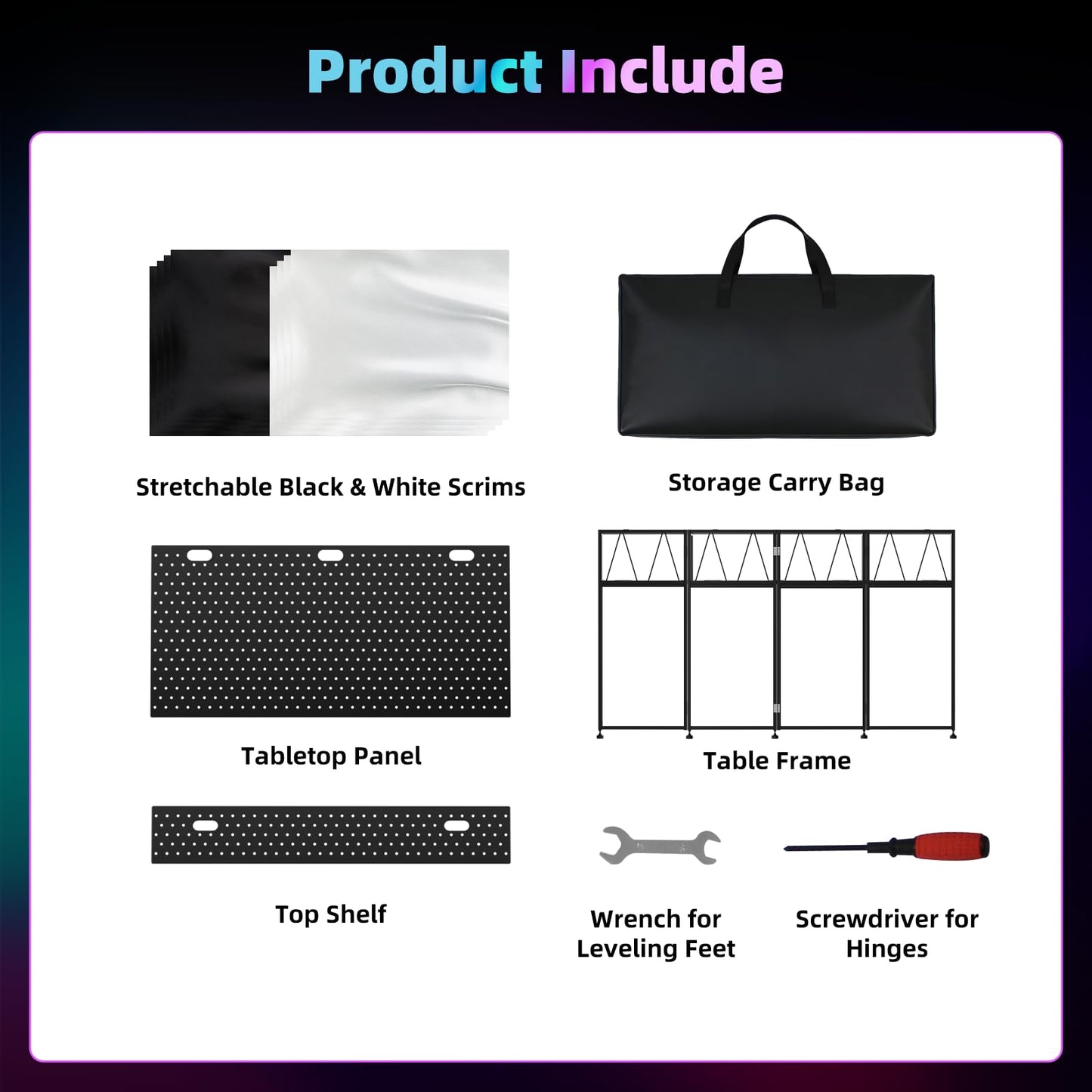 Portable DJ Booth Facade Stand, DJ Table Stand, DJ Facade Booth with White & Black Scrims, Includes Carry Bag & Two Top Corners Table, Tool-Free Setup, for Parties, Events, Studios (40"L x 20"W)