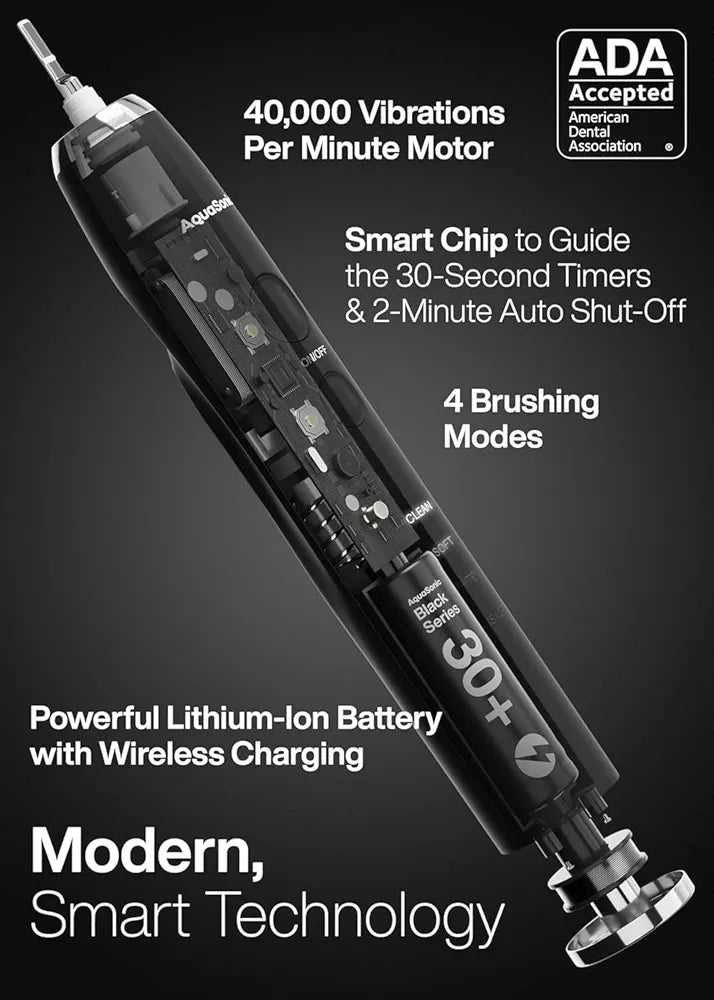 Aquasonic Black Series Ultra Whitening Toothbrush – ADA Accepted Electric Toothbrush- 8 Brush Heads & Travel Case – 40,000 VPM Electric Motor & Wireless Charging - 4 Modes w Smart Timer