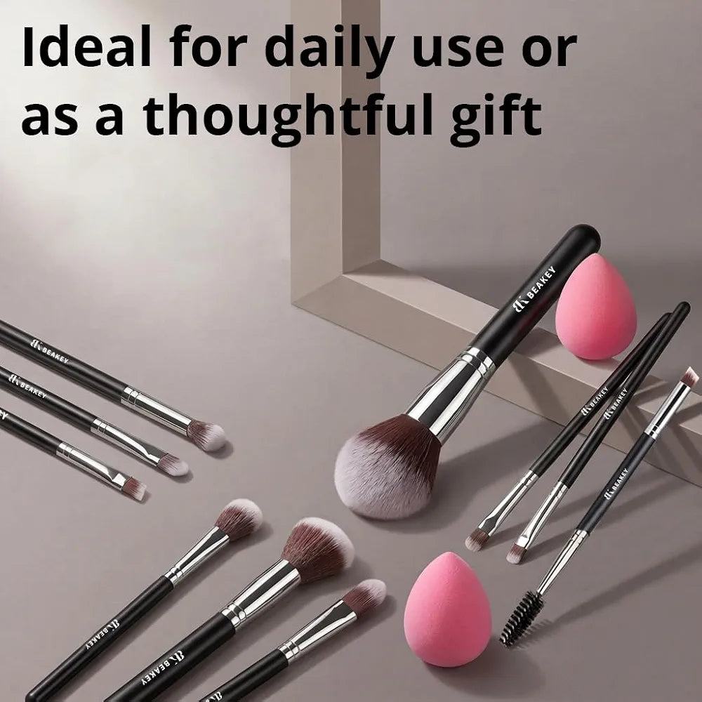 BEAKEY Professional 10-Piece Makeup Brush Set with 2 Blender Sponges and Travel Case
