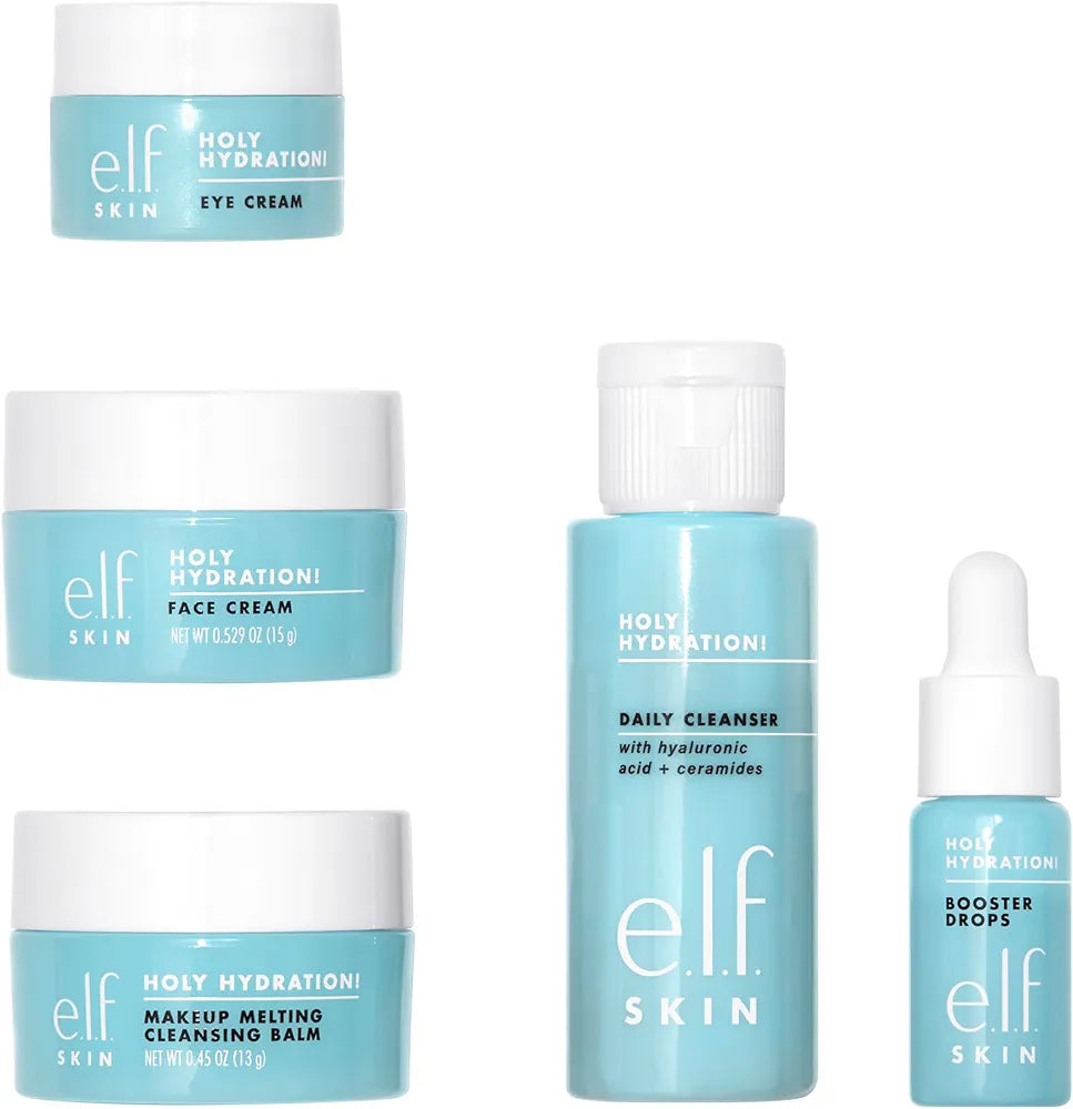 e.l.f. SKIN Holy Hydration! 4-Piece Travel-Friendly Skincare Mini Kit with Cleanser, Makeup Remover, Moisturizer, and Eye Cream